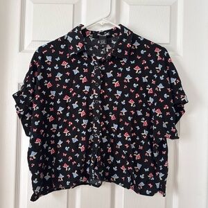 Hot Topic Black Button-Down Top with Red and Light Blue Mushroom Print
